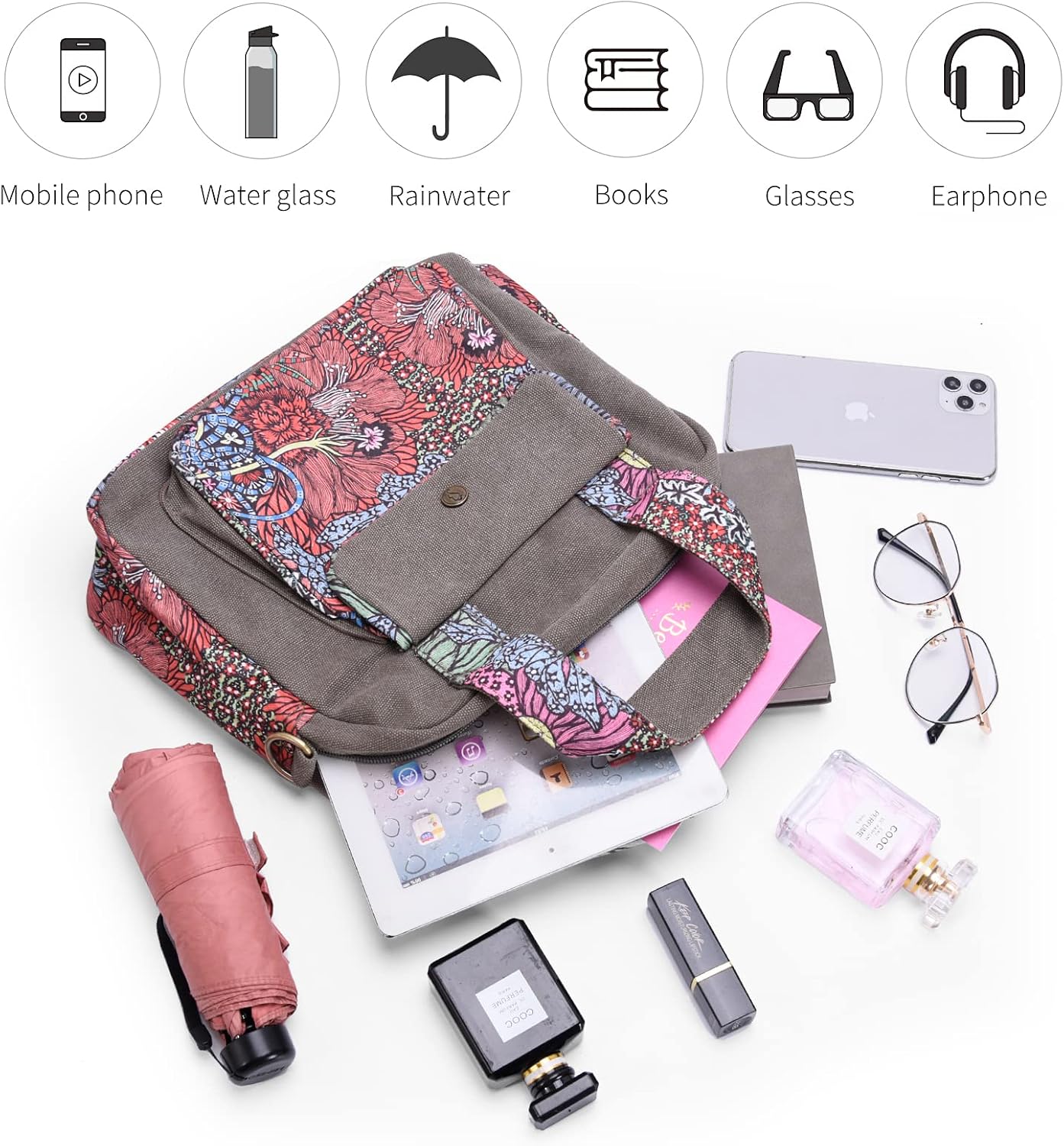 Boho Canvas Shoulder Bag With Adjustable Crossbody Strap