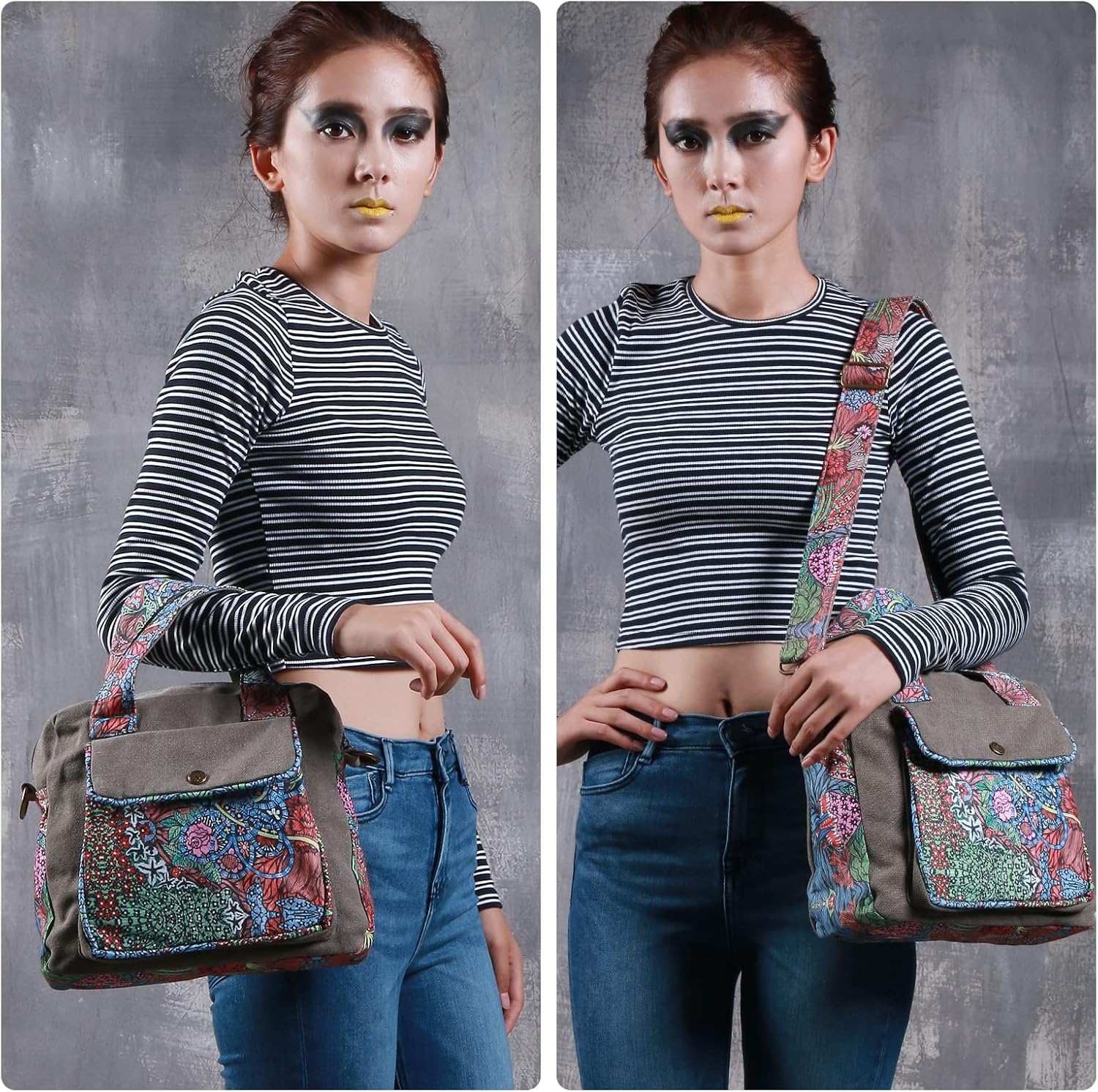 Boho Canvas Shoulder Bag With Adjustable Crossbody Strap