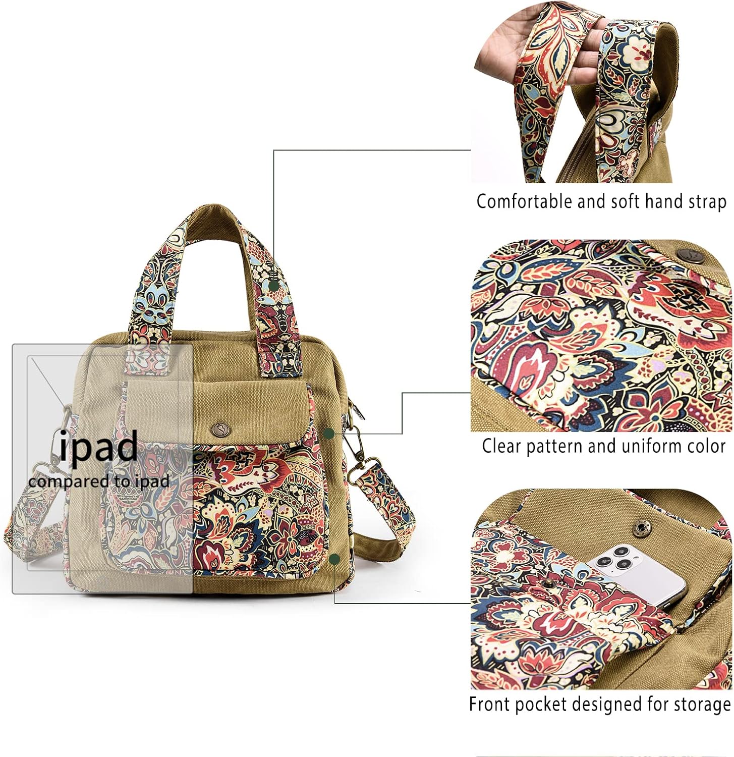 Boho Canvas Shoulder Bag With Adjustable Strap For Women
