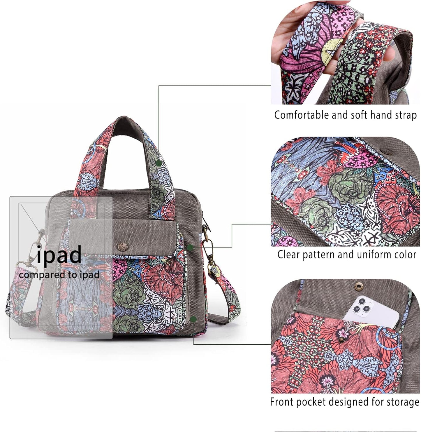 Boho Canvas Shoulder Bag With Adjustable Crossbody Strap